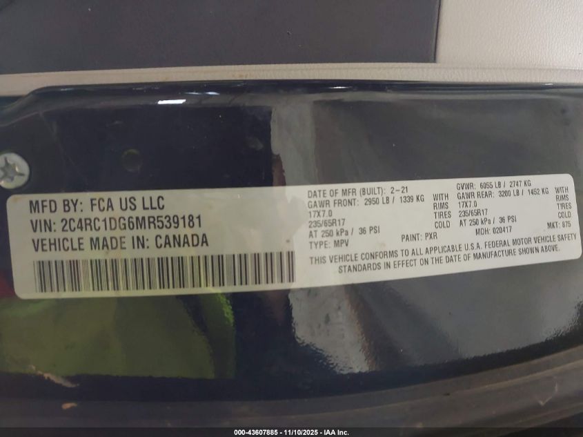 2021 Chrysler Voyager Lxi VIN: 2C4RC1DG6MR539181 Lot: 43607885