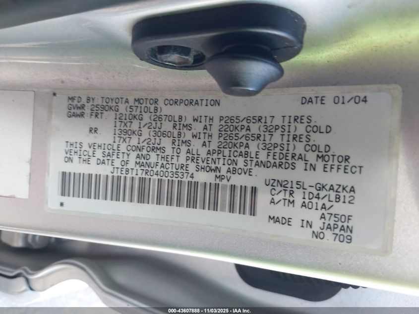 2004 Toyota 4Runner Limited V8 VIN: JTEBT17R040035374 Lot: 43607888