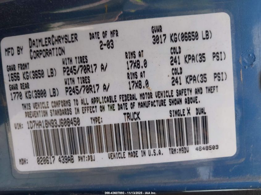 2003 Dodge Ram 1500 Slt/Laramie/St VIN: 1D7HA18N93J608450 Lot: 43607893