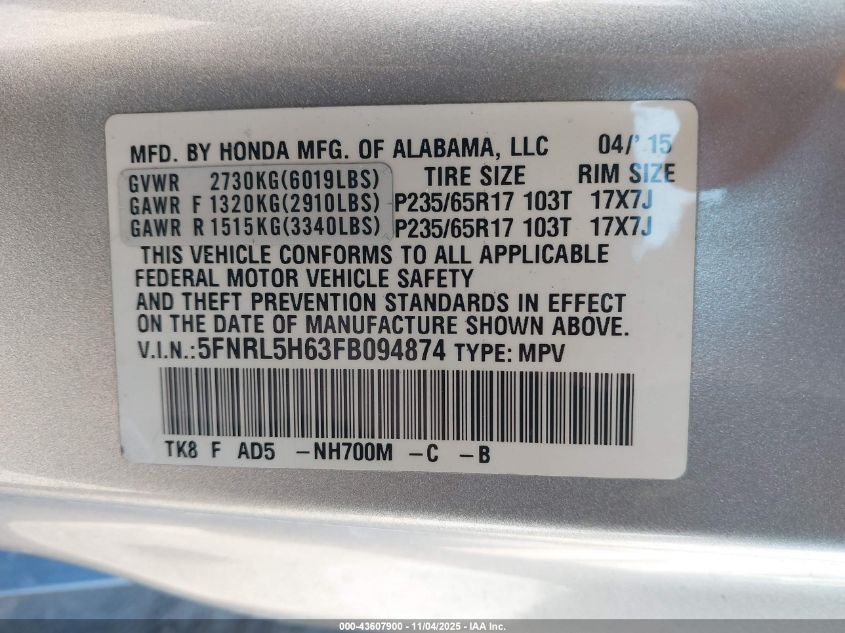 2015 Honda Odyssey Ex-L VIN: 5FNRL5H63FB094874 Lot: 43607900