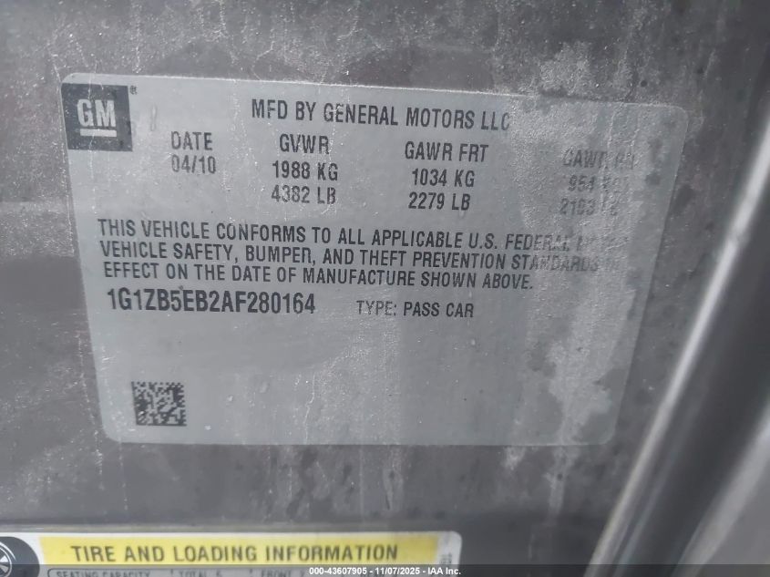 2010 Chevrolet Malibu Ls VIN: 1G1ZB5EB2AF280164 Lot: 43607905