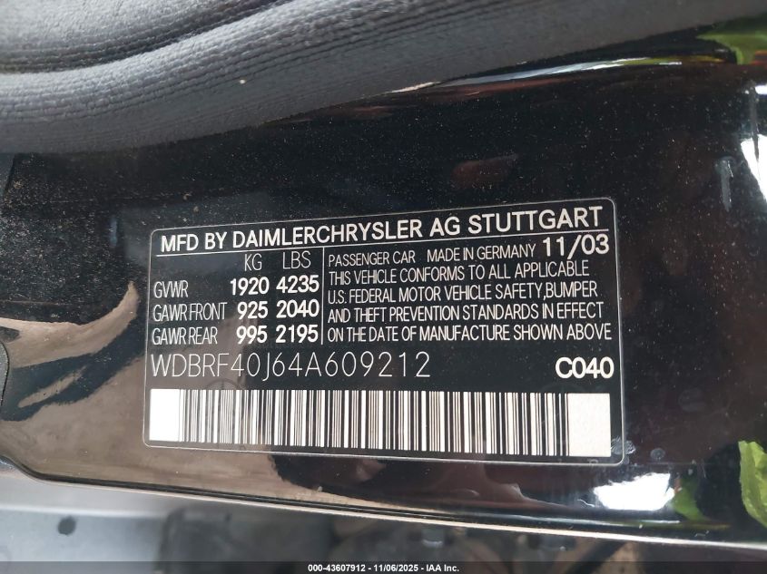 2004 Mercedes-Benz C 230 Kompressor Sport/Sport VIN: WDBRF40J64A609212 Lot: 43607912