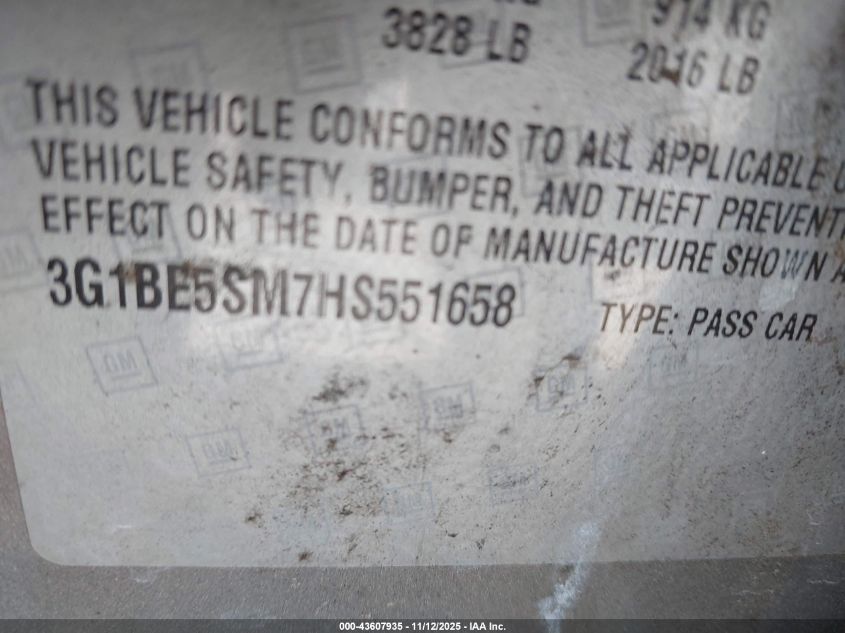 2017 Chevrolet Cruze Lt Auto VIN: 3G1BE5SM7HS551658 Lot: 43607935