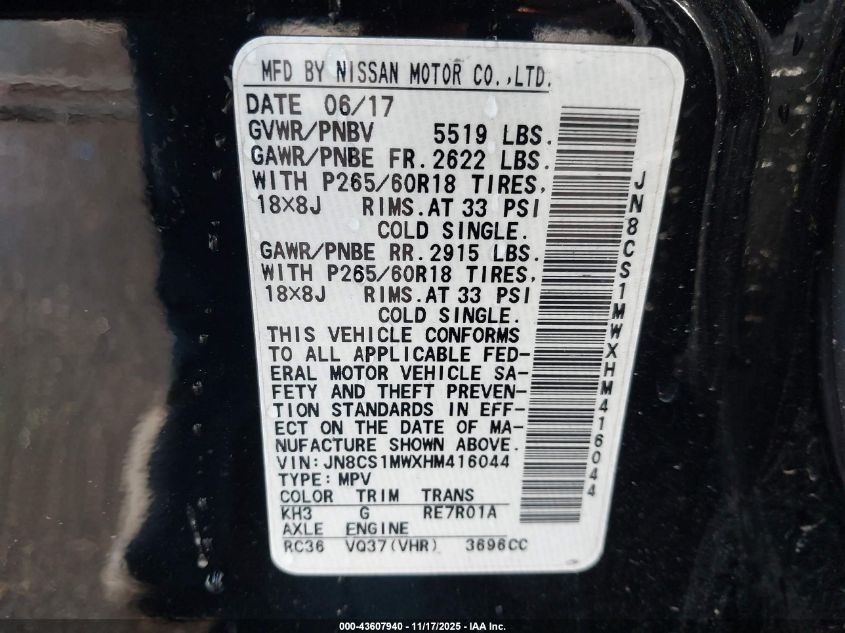 2017 Infiniti Qx70 VIN: JN8CS1MWXHM416044 Lot: 43607940