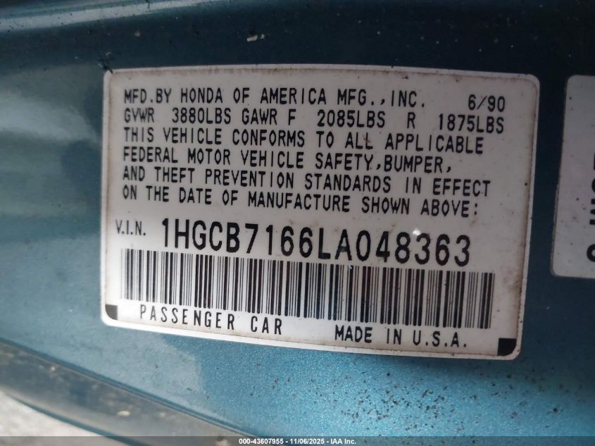 1990 Honda Accord Ex/Ex-R VIN: 1HGCB7166LA048363 Lot: 43607955