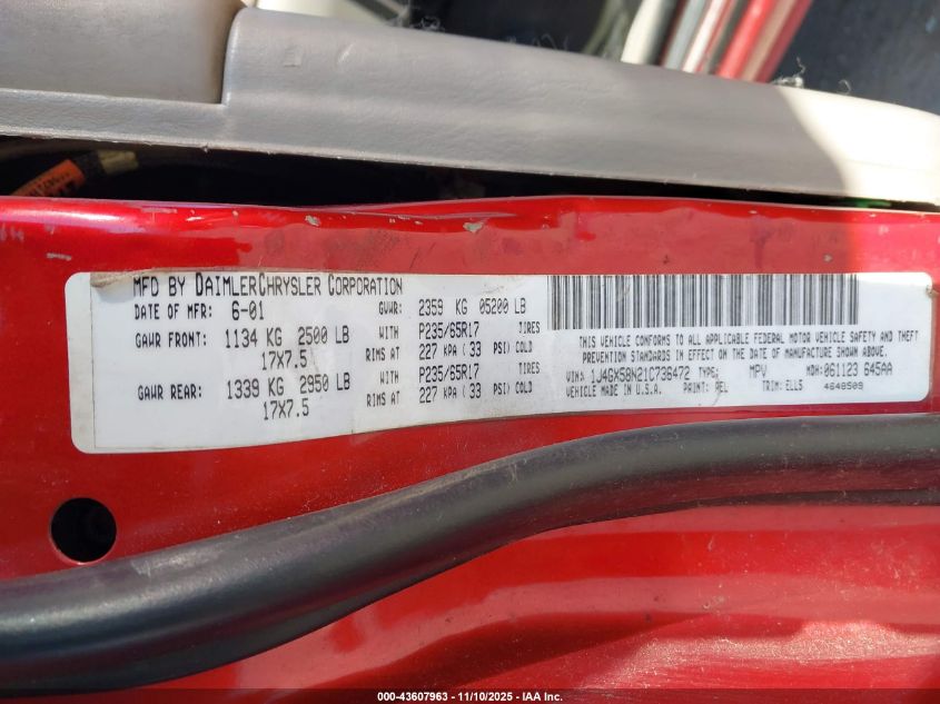 2001 Jeep Grand Cherokee Limited VIN: 1J4GX58N21C736472 Lot: 43607963