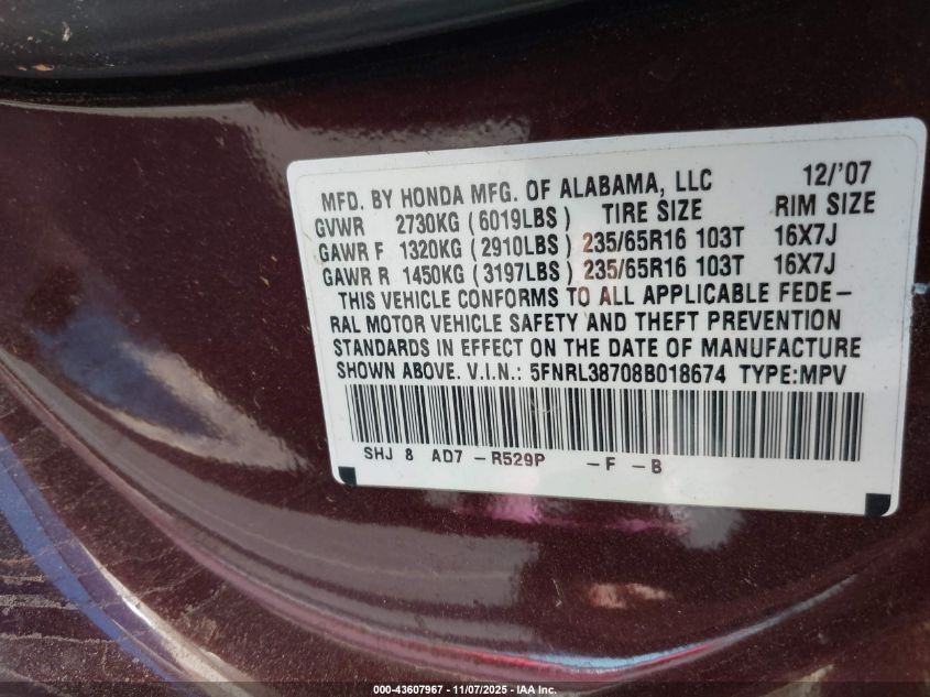 2008 Honda Odyssey Ex-L VIN: 5FNRL38708B018674 Lot: 43607967