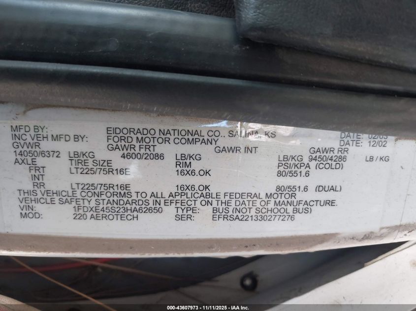 2003 Ford E-450 Cutaway Standard VIN: 1FDXE45S23HA62650 Lot: 43607973