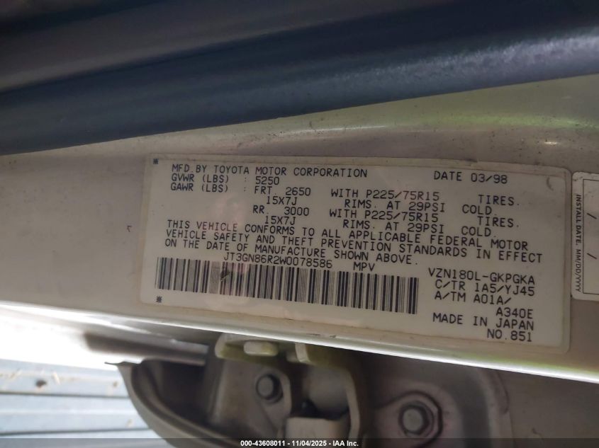 1998 Toyota 4Runner Sr5 V6 VIN: JT3GN86R2W0078586 Lot: 43608011
