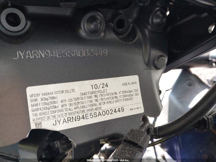 2025 Yamaha Mt09 VIN: JYARN94E5SA002449 Lot: 43608017