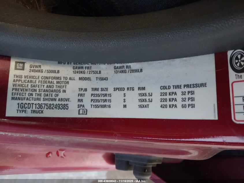 2005 Chevrolet Colorado Ls VIN: 1GCDT136758249385 Lot: 43608043