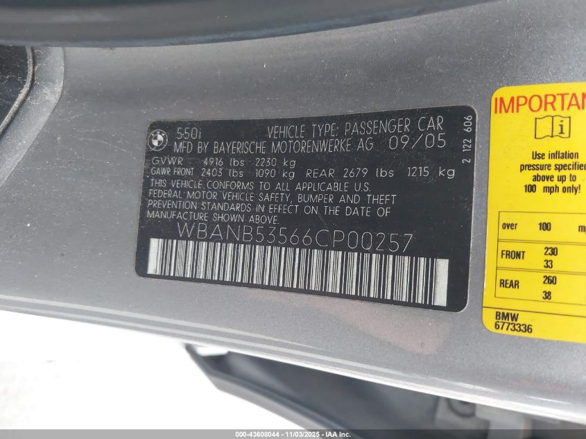 2006 BMW 550I VIN: WBANB53566CP00257 Lot: 43608044