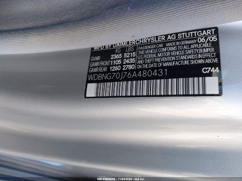 2006 Mercedes-Benz S 430 VIN: WDBNG70J76A480431 Lot: 43608065