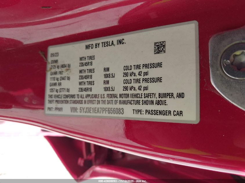 2023 Tesla Model 3 Rear-Wheel Drive VIN: 5YJ3E1EA7PF656083 Lot: 43608093