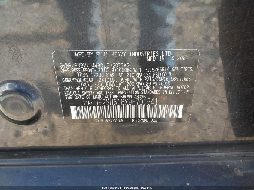 2009 Subaru Forester 2.5X VIN: JF2SH616X9H701541 Lot: 43608121