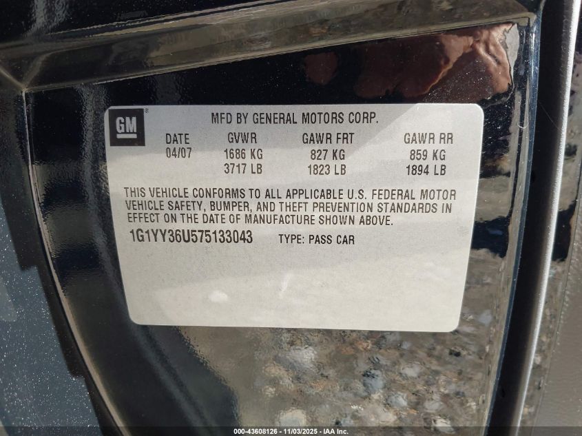 2007 Chevrolet Corvette VIN: 1G1YY36U575133043 Lot: 43608126