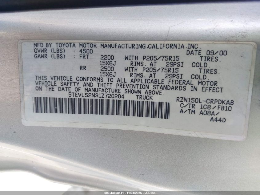 2001 Toyota Tacoma VIN: 5TEVL52N31Z720204 Lot: 43608141
