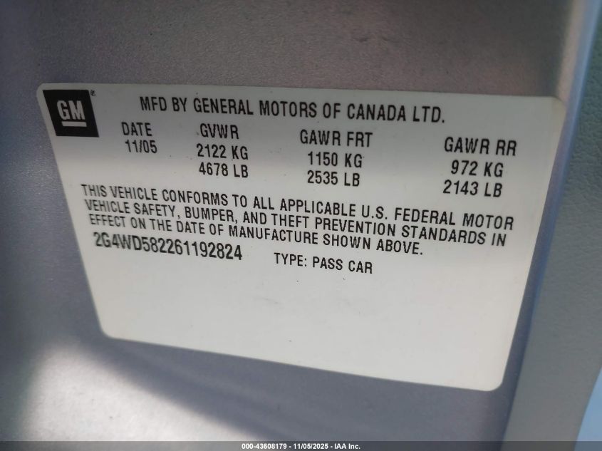 2006 Buick Lacrosse Cxl VIN: 2G4WD582261192824 Lot: 43608179