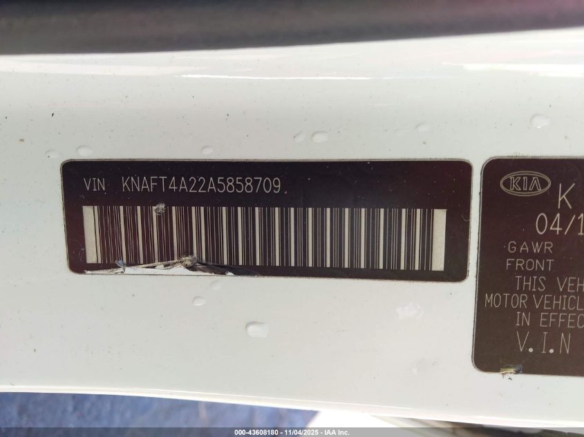 2010 Kia Forte Lx VIN: KNAFT4A22A5858709 Lot: 43608180