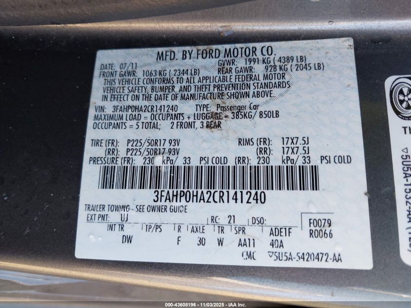 2012 Ford Fusion Se VIN: 3FAHP0HA2CR141240 Lot: 43608196