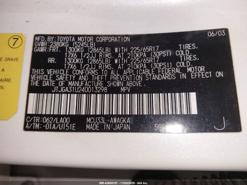 2004 Lexus Rx 330 VIN: JTJGA31U240013298 Lot: 43608197