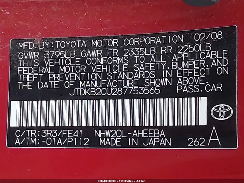2008 Toyota Prius VIN: JTDKB20U287753565 Lot: 43608200