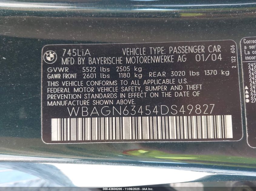 2004 BMW 745Li VIN: WBAGN63454DS49827 Lot: 43608206