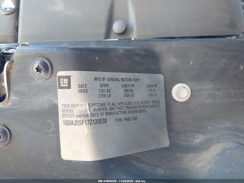 2007 Saturn Ion 2 VIN: 1G8AJ55F17Z130638 Lot: 43608235