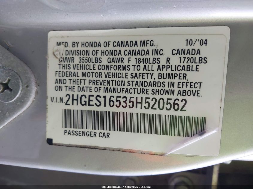 2005 Honda Civic Lx VIN: 2HGES16535H520562 Lot: 43608244