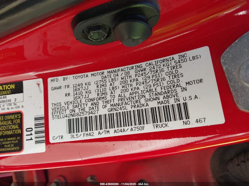 2008 Toyota Tacoma Base V6 VIN: 5TELU42N68Z579427 Lot: 43608260