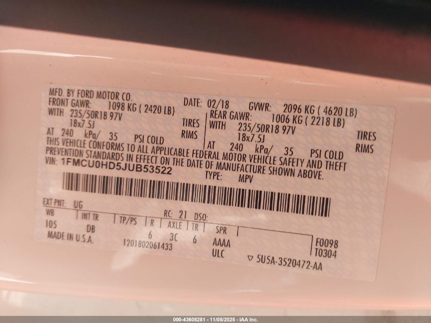 2018 Ford Escape Sel VIN: 1FMCU0HD5JUB53522 Lot: 43608281