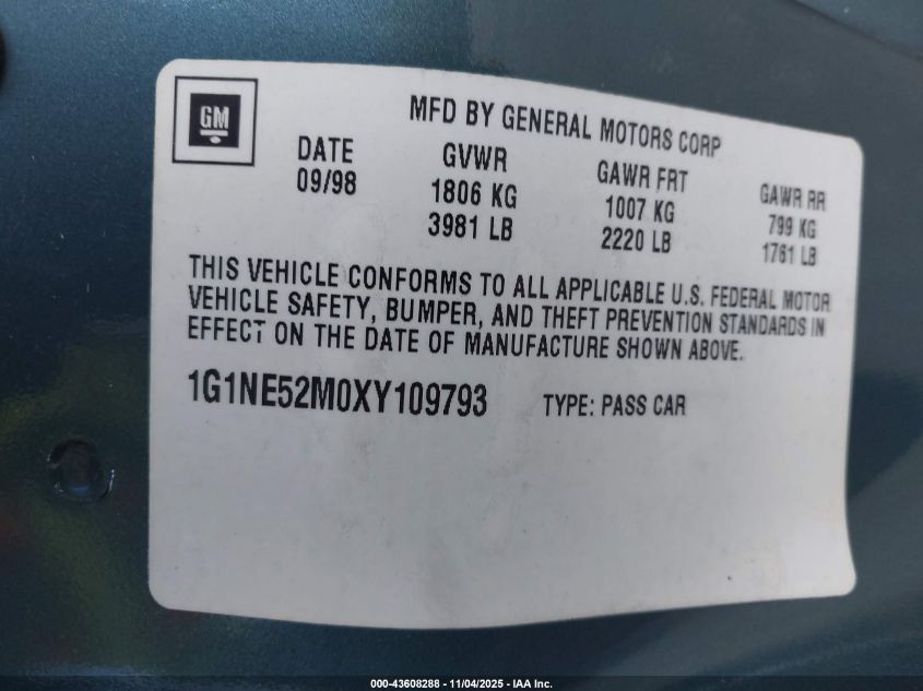 1999 Chevrolet Malibu Ls VIN: 1G1NE52M0XY109793 Lot: 43608288