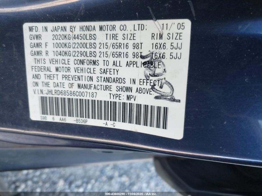 2006 Honda Cr-V Lx VIN: JHLRD68586C007187 Lot: 43608298