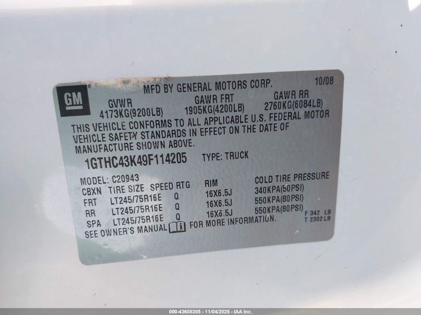 2009 GMC Sierra 2500Hd Work Truck VIN: 1GTHC43K49F114205 Lot: 43608305