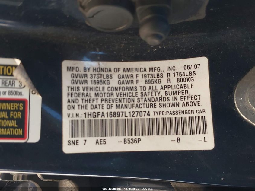 2007 Honda Civic Ex VIN: 1HGFA16897L127074 Lot: 43608308