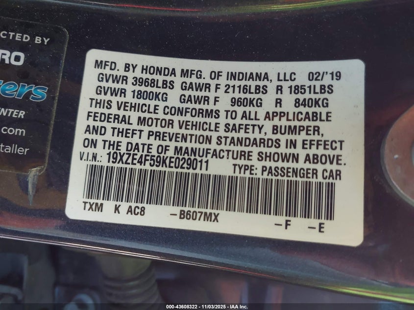 2019 HONDA INSIGHT EX - 19XZE4F59KE029011