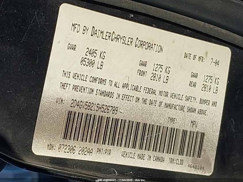 2005 Dodge Magnum Rt VIN: 2D4GV58215H526789 Lot: 43608331