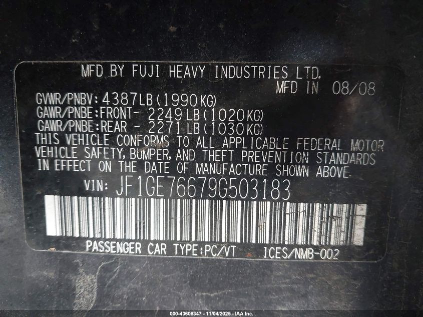 2009 Subaru Impreza Wrx VIN: JF1GE76679G503183 Lot: 43608347