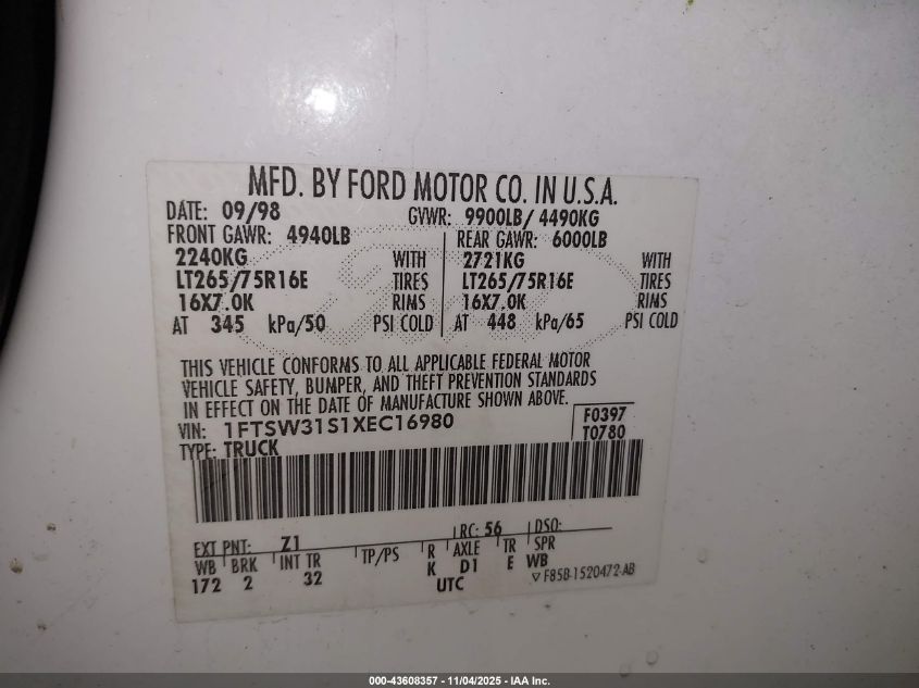 1999 Ford F-350 Lariat/Xl/Xlt VIN: 1FTSW31S1XEC16980 Lot: 43608357