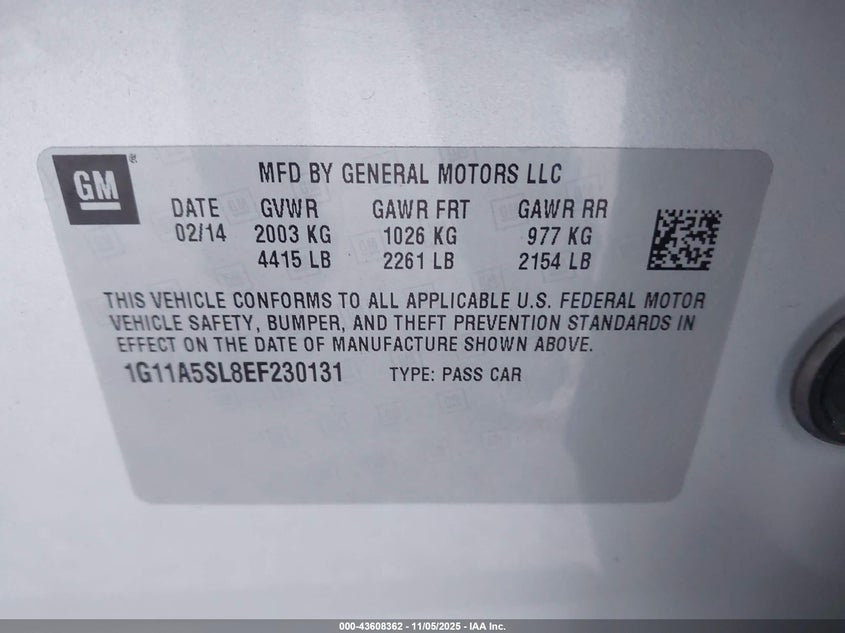 2014 CHEVROLET MALIBU 1FL 1G11A5SL8EF230131