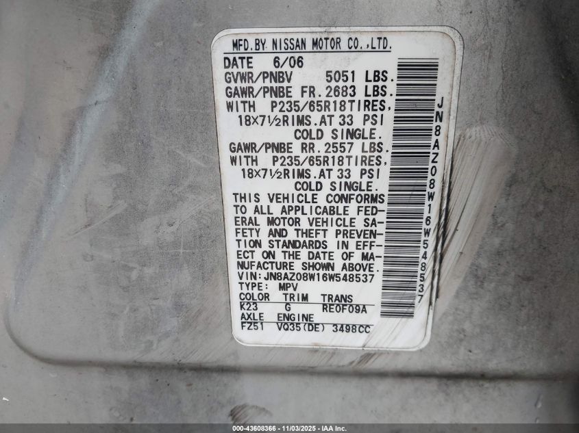 2006 Nissan Murano S VIN: JN8AZ08W16W548537 Lot: 43608366