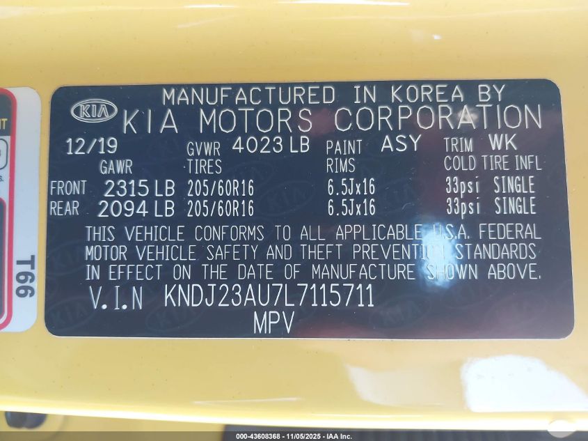 2020 KIA SOUL LX KNDJ23AU7L7115711