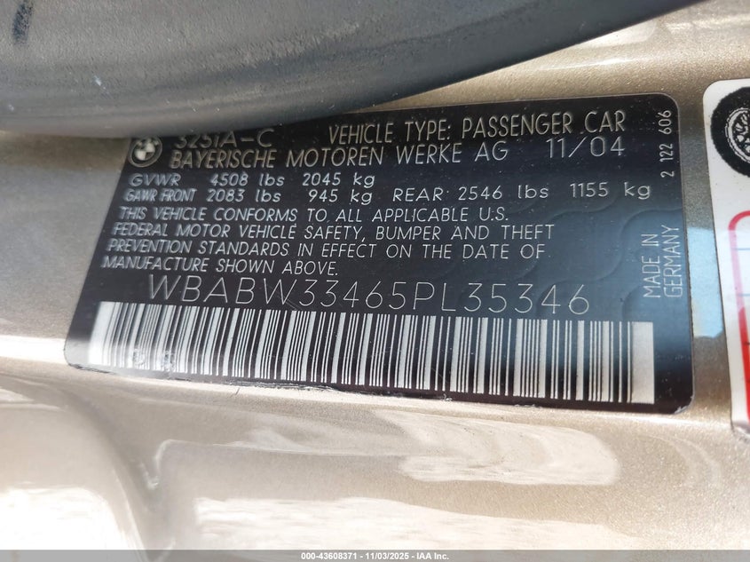 WBABW33465PL35346 2005 BMW 3ER photo no. 9
