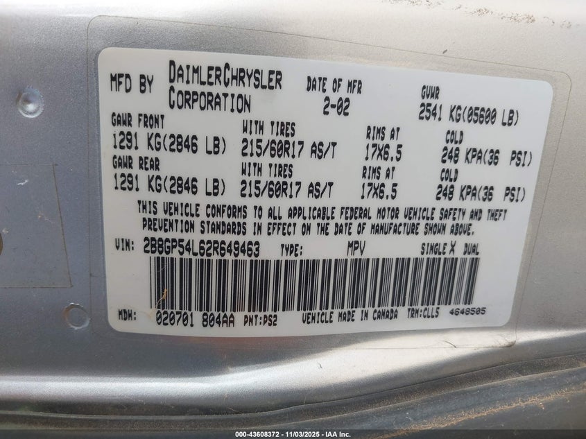 2B8GP54L62R649463 2002 DODGE CARAVAN photo no. 9