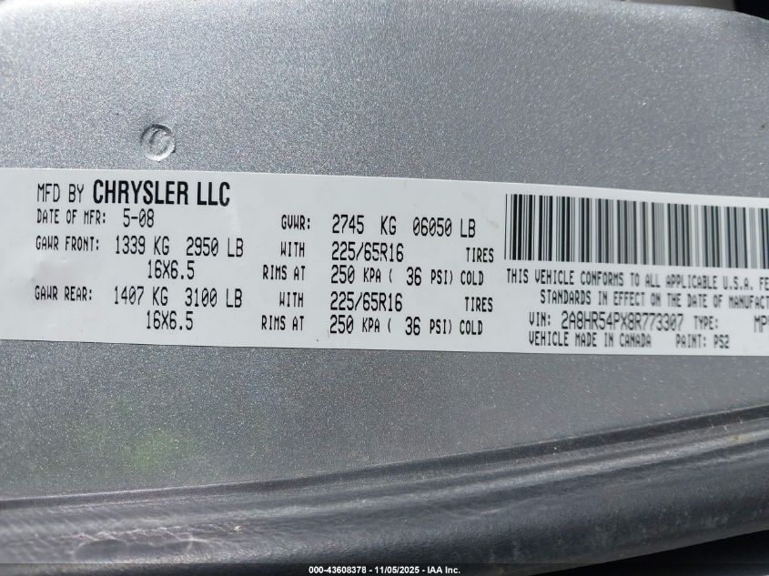 2008 Chrysler Town & Country Touring VIN: 2A8HR54PX8R773307 Lot: 43608378