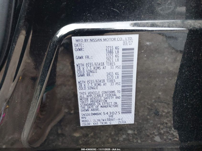 2017 Infiniti Qx60 VIN: 5N1DL0MM6HC543025 Lot: 43608392