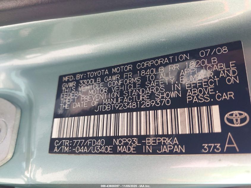 2008 Toyota Yaris VIN: JTDBT923481289370 Lot: 43608397