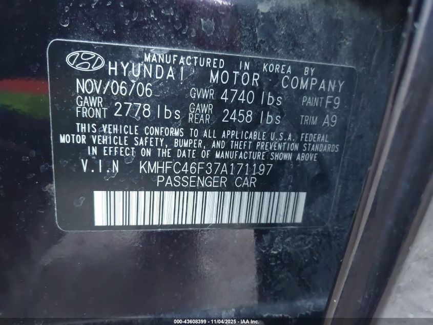 2007 Hyundai Azera Limited/Se VIN: KMHFC46F37A171197 Lot: 43608399
