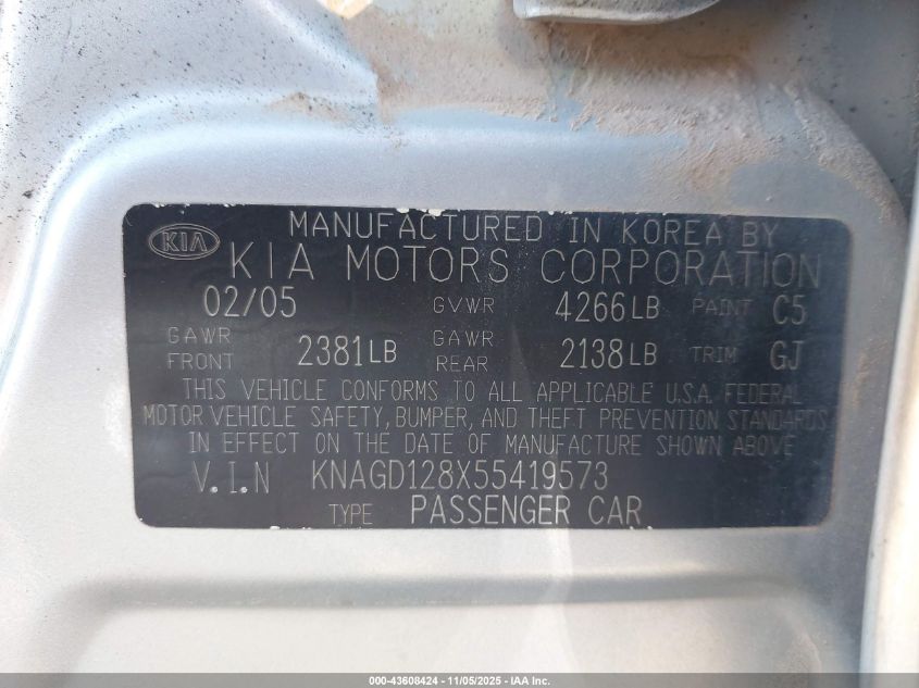 2005 Kia Optima Ex V6/Lx V6 VIN: KNAGD128X55419573 Lot: 43608424