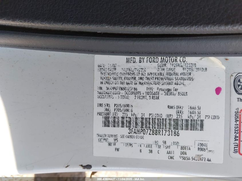 2008 Ford Fusion Se VIN: 3FAHP07Z88R173186 Lot: 43608427